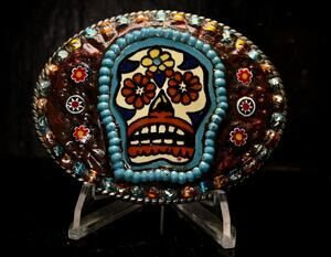 Handmade Talavera Sugar Skull Belt Buckle - 4x3 Inch D-Ring